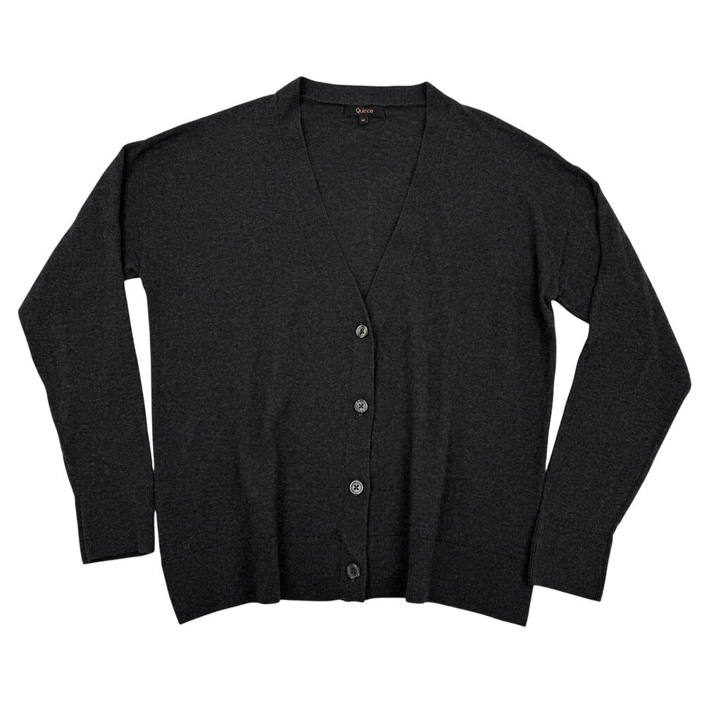 Quince Cotton Cashmere Blend Cardigan Charcoal Gray Button Front Lightweight M